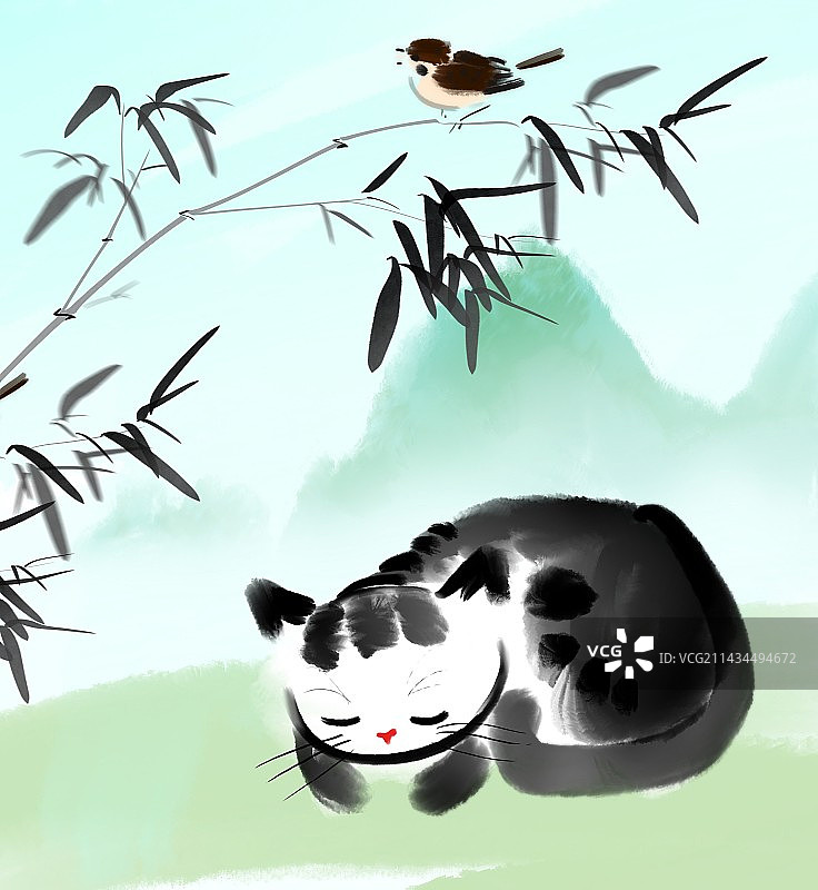 睡觉的猫咪中国风系列插画水墨肌理国际生物多样性日图片素材