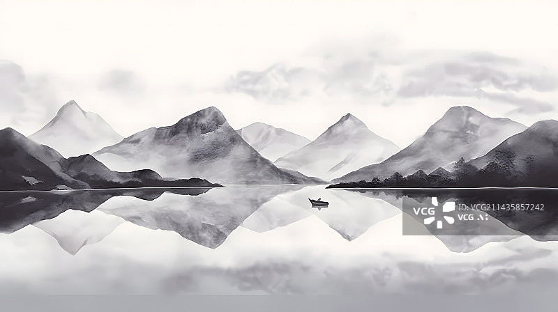 【AI数字艺术】中国水墨山水湖面倒影画横版图片素材