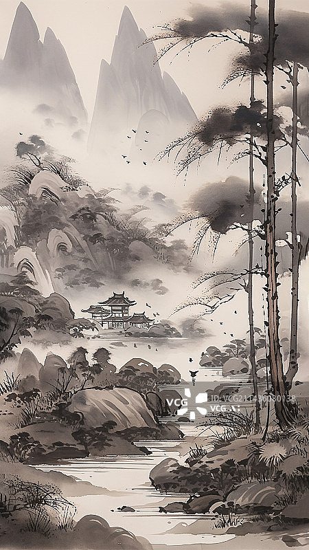 【AI数字艺术】中国传统山水画，水墨写意国画，山石溪水树木古建筑图片素材
