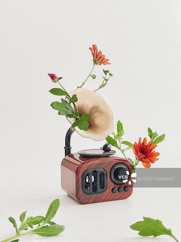 留声机与小花朵图片素材