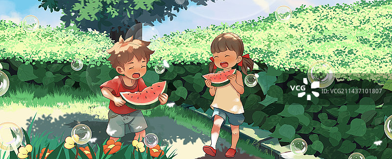夏天小孩子吃西瓜图片素材