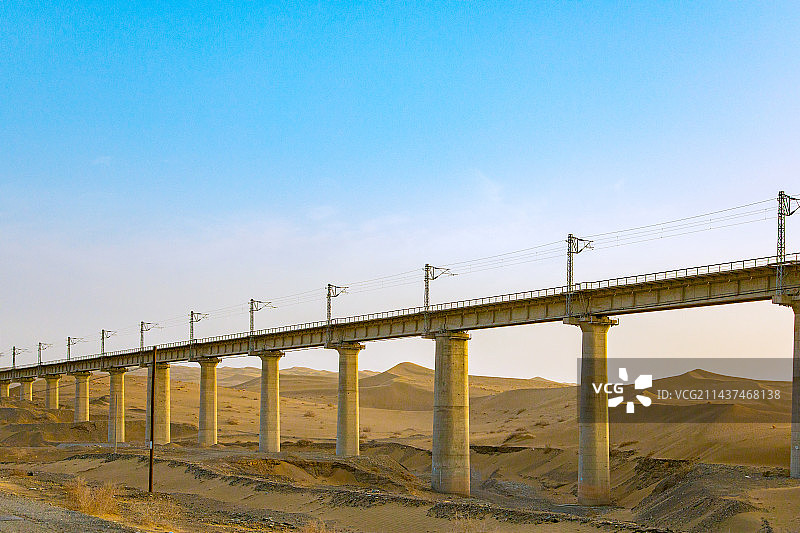 甘肃省酒泉市-夕阳下的铁路轨道图片素材