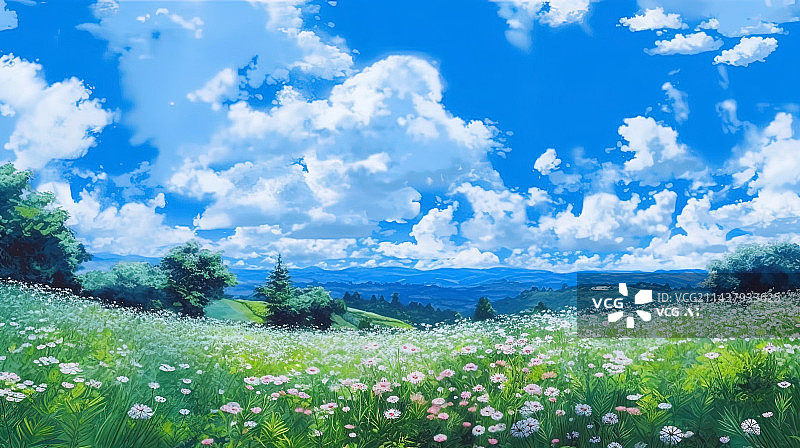 【AI数字艺术】水彩风格蓝天白云花草风景插画图片素材