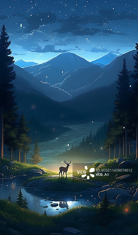 【AI数字艺术】星空森林户外露营场景插画图片素材