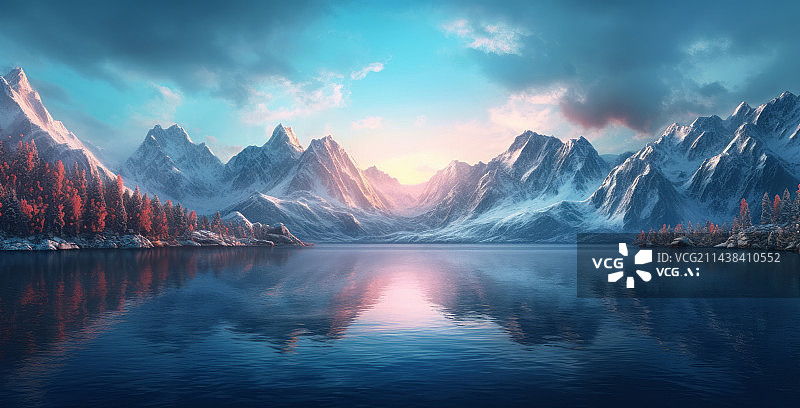 【AI数字艺术】3D渲染雪山湖面日出景观图片素材