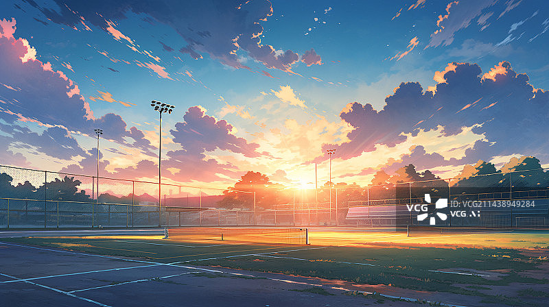 【AI数字艺术】夏日小清新风格网球场天空大自然插画背景图片素材