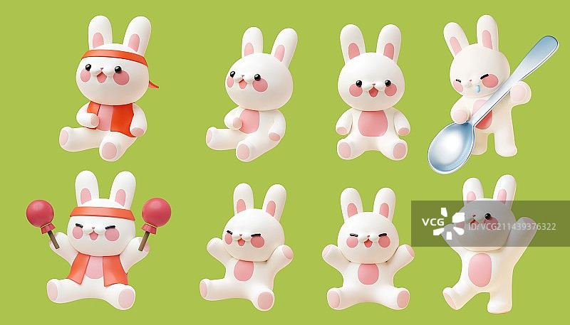 各种动作的可爱小白兔卡通角色集合图片素材