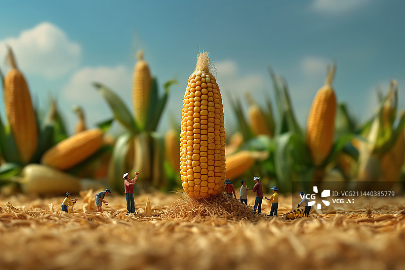 【AI数字艺术】微缩世界工人在搬运玉米，农民丰收插画图片素材