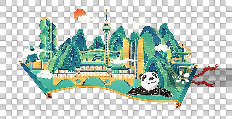 卷轴山水画中国风复古成都标志性旅游城市打卡点矢量插画建筑图片素材