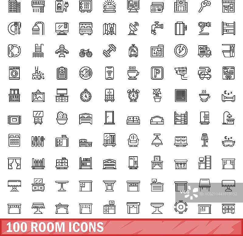 100个房间图标设置大纲风格图片素材