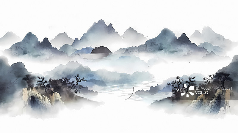 【AI数字艺术】中国传统水墨山水画图片素材