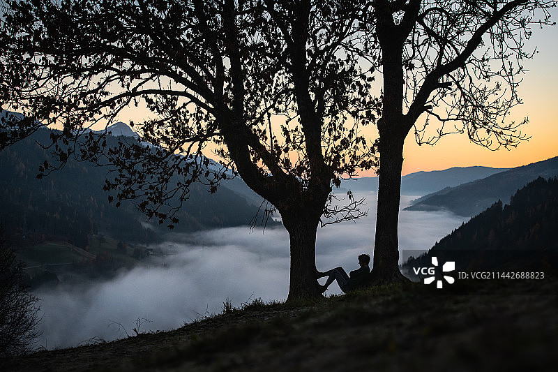 日出时，年轻人坐在树下。摄于奥地利施拉德明的普雷内格图片素材