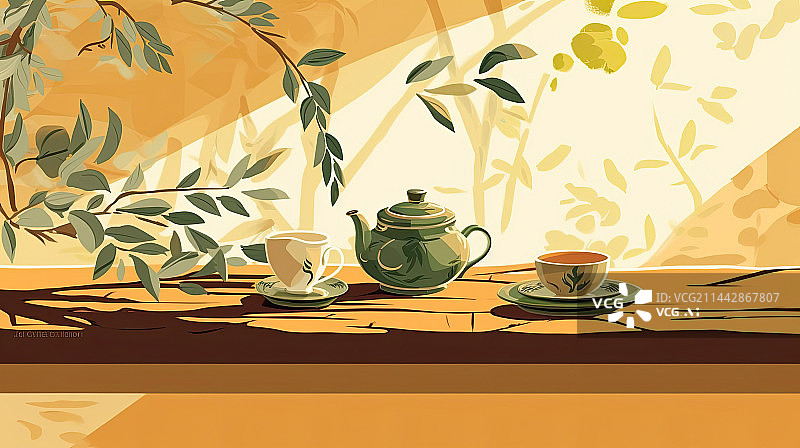 【AI数字艺术】放在桌面的茶杯与茶壶图片素材