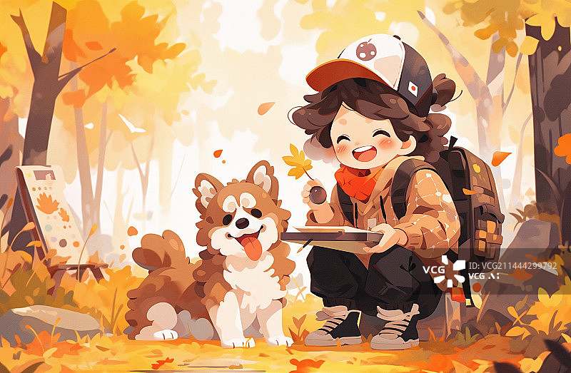 【AI数字艺术】秋天孩子在公园背景中绘画,秋季森林插画图片素材