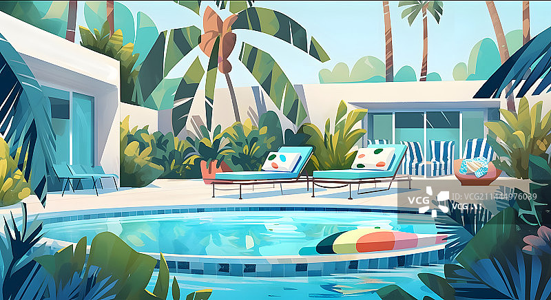 【AI数字艺术】AI扁平原画插画夏天休闲度假旅游酒店泳池椰树图片素材
