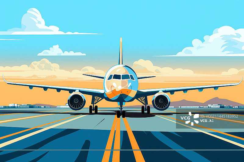 【AI数字艺术】飞机场跑到上的飞机插画绘画插图图片素材