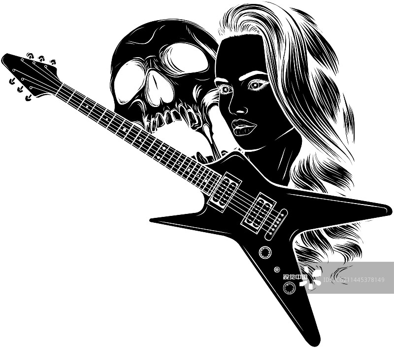 黑色吉他的剪影与头骨和女孩图片素材