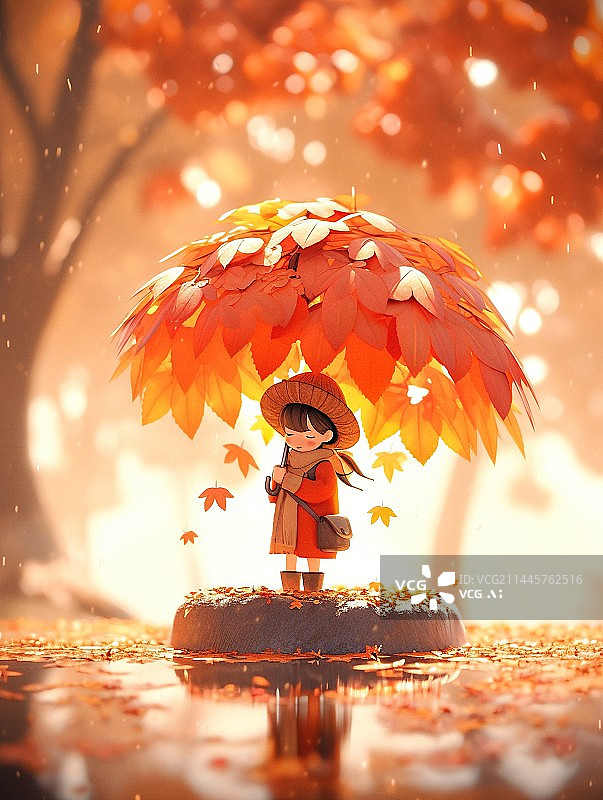 【AI数字艺术】秋天枫叶下的女孩图片素材
