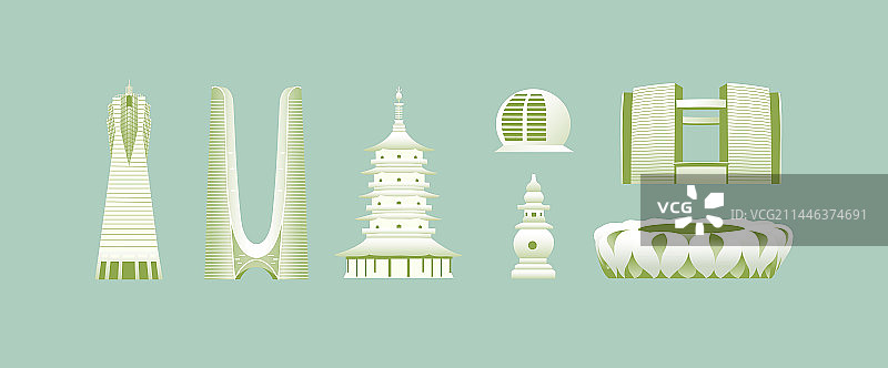 绿色杭州城市天际线建筑插画，杭州亚运会绿色智能插画图片素材