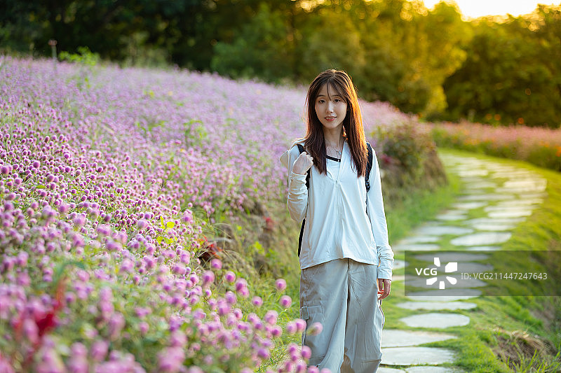 亚洲女子漫步在花海里图片素材