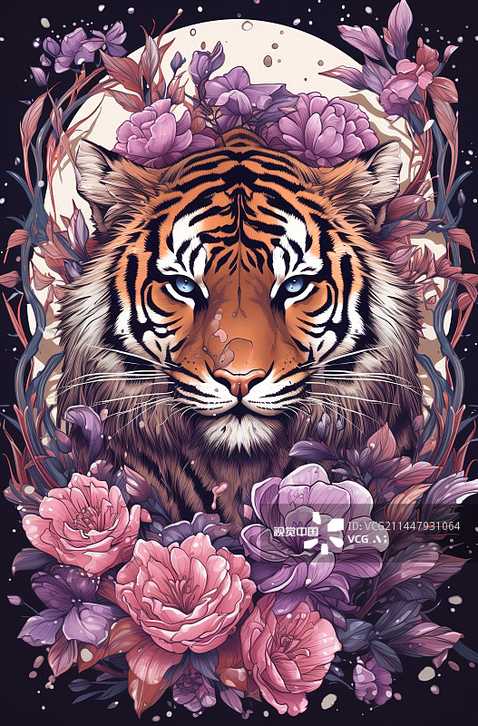 【AI数字艺术】老虎站在粉红色花朵上的特写镜头图片素材