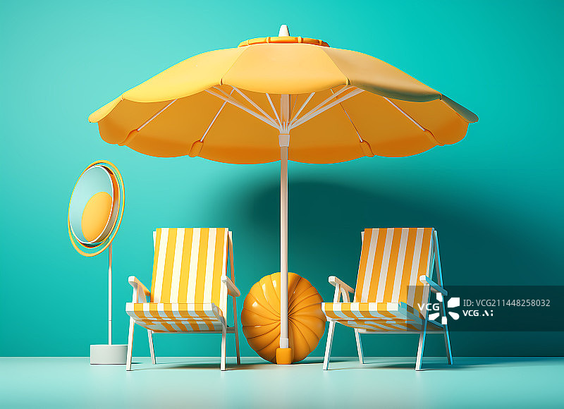 【AI数字艺术】3D遮阳伞沙滩椅场景图片素材