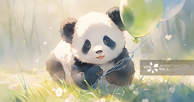 【AI数字艺术】在草地上玩气球的熊猫插画图片素材