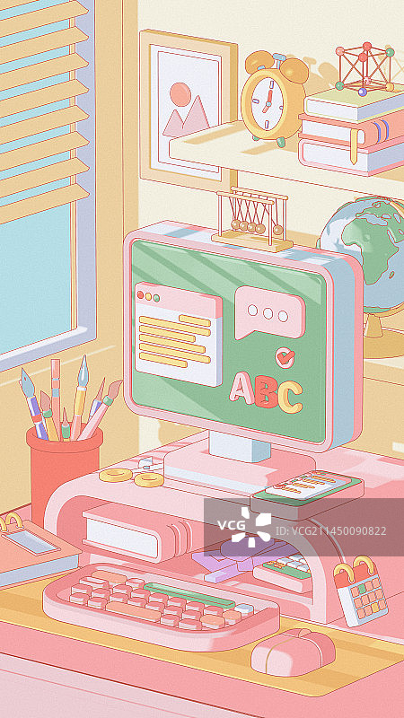 卡通马卡龙配色书桌开学季主题插画图片素材