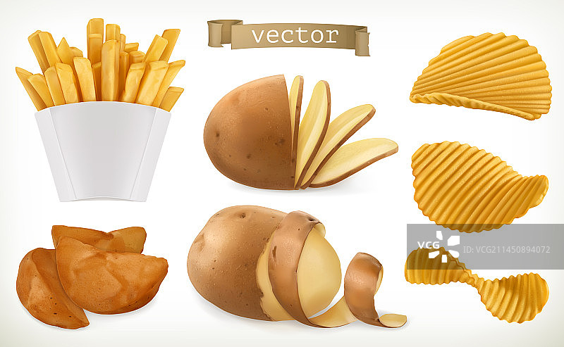 土豆角和油炸薯条蔬菜3d图标集图片素材