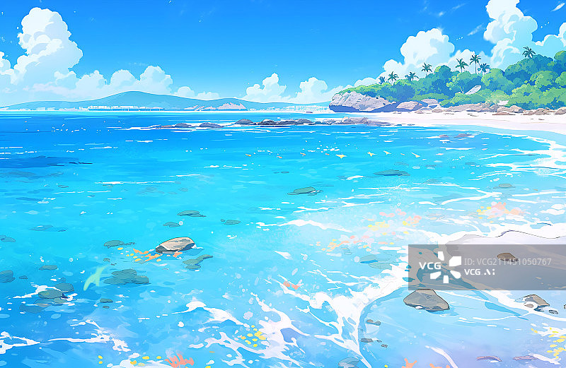 【AI数字艺术】美丽蓝色的海滩海岸线插画图片素材