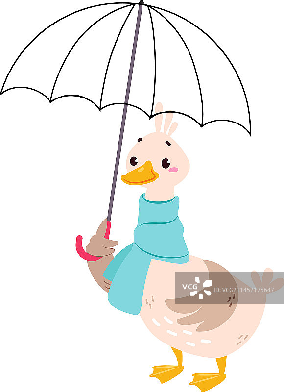 戴着围巾的滑稽的鹅角色拿着伞站着图片素材
