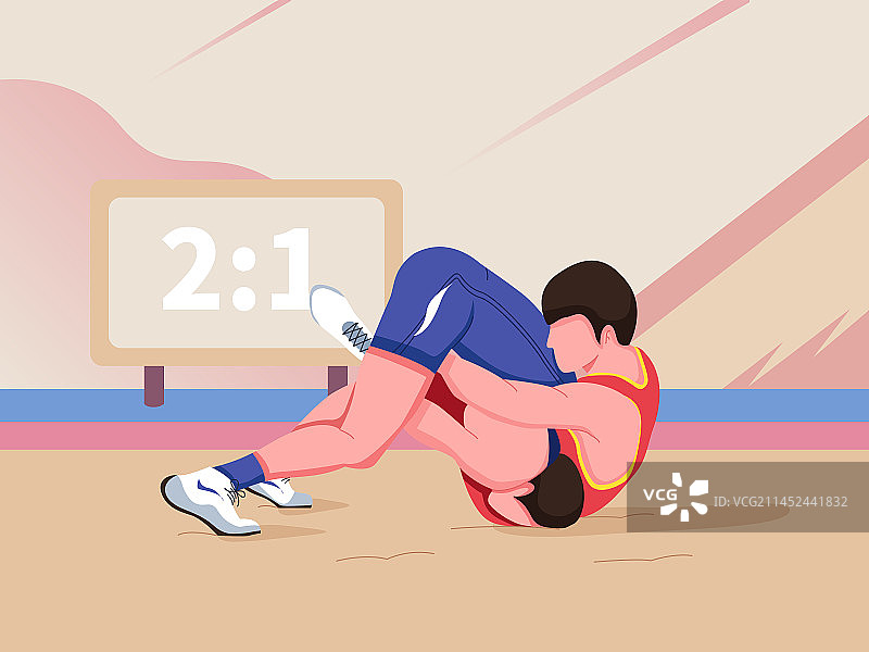 两个运动员正在进行摔跤矢量扁平插画图片素材