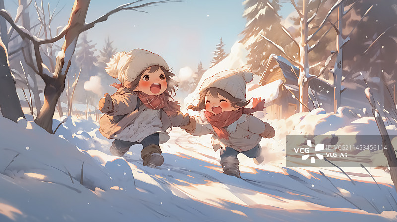 【AI数字艺术】冬天雪地里玩耍的儿童插画图片素材
