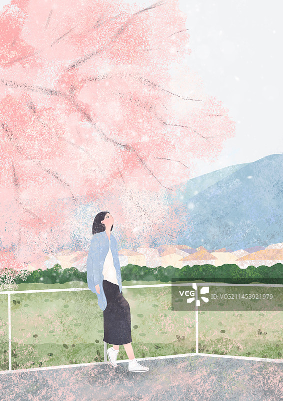 日系樱花树下的女孩插画图片素材