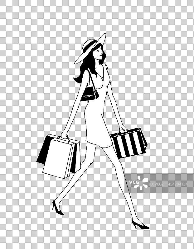 一个美女手提购物袋逛街购物黑白矢量图图片素材