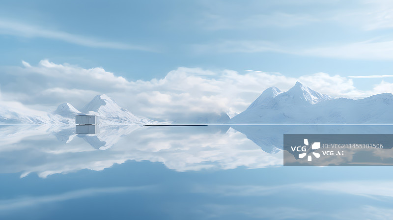 【AI数字艺术】数码白色雪山蓝天水面建筑场景图形海报网页PPT背景图片素材
