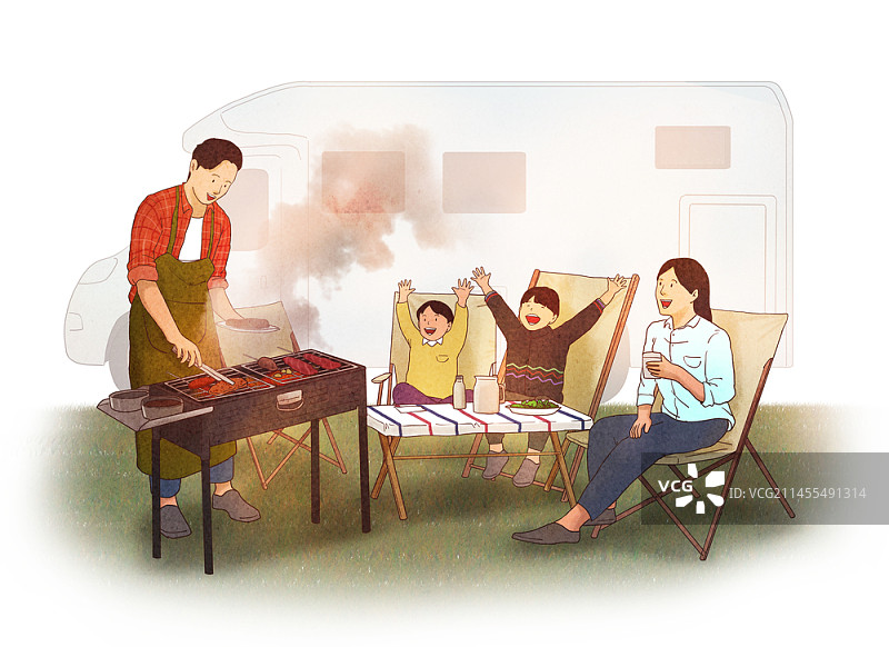 一家人在野营时烧烤的插图图片素材