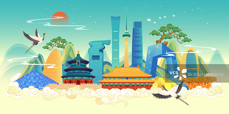 北京地标建筑北京印象建筑群插画图片素材