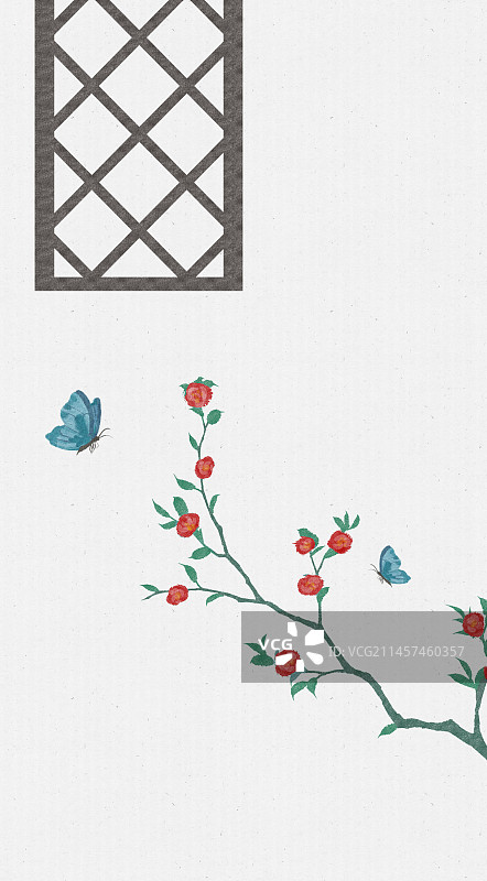 蝴蝶海棠花中式插画图片素材