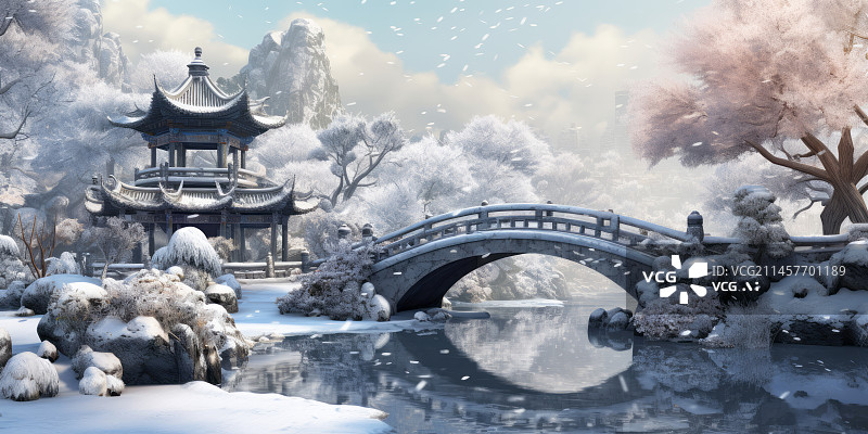 【AI数字艺术】中式园林雪景图片素材