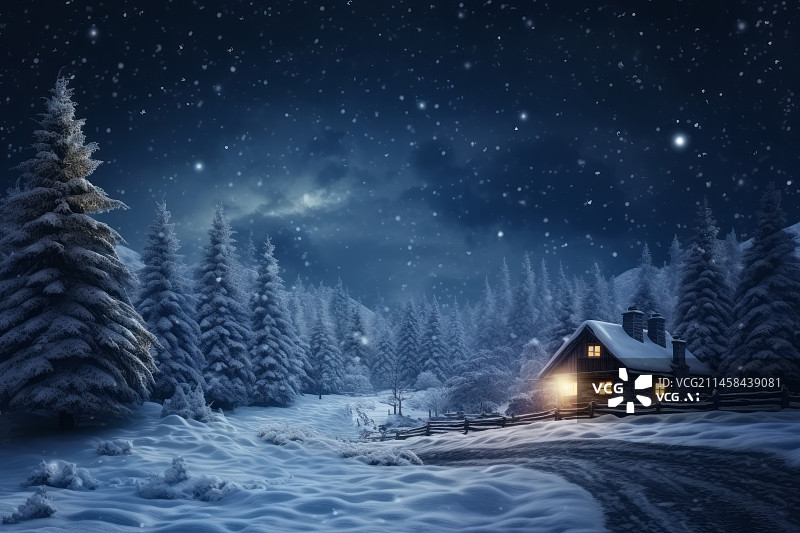 【AI数字艺术】圣诞节平安夜雪景树林中亮灯的小木屋图片素材