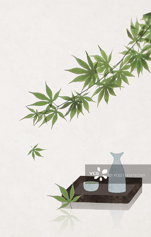 绿色枫叶酒中式插画图片素材