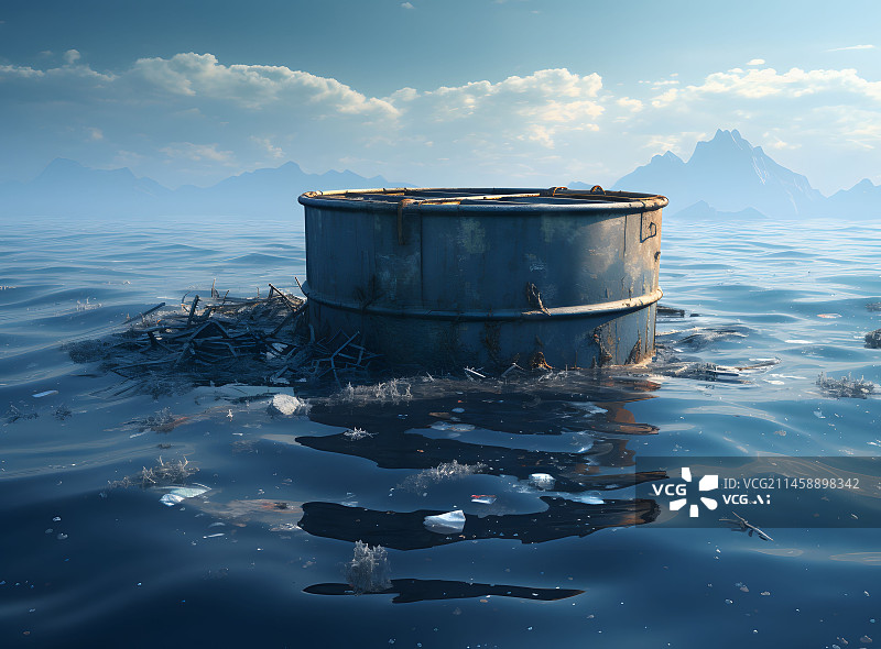 【AI数字艺术】金属隔离桶丢弃在海洋中造成核污染灾难隐患图片素材