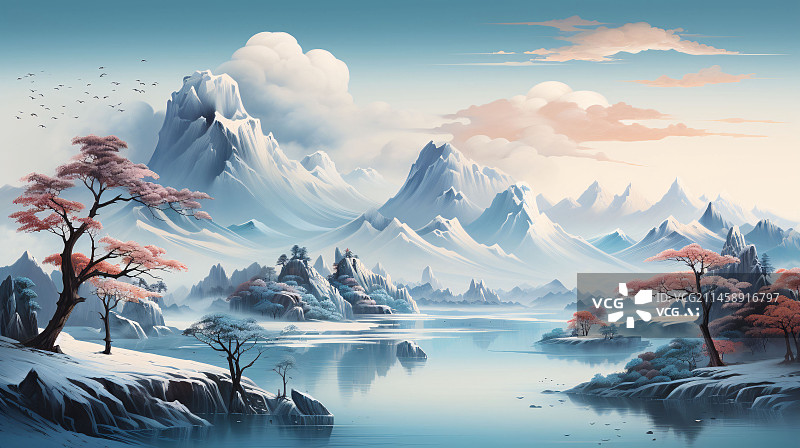 【AI数字艺术】中国风蓝色山水插画，国风山水自然意境背景插图图片素材
