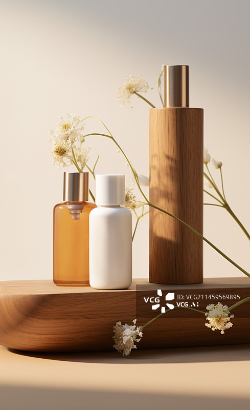 【AI数字艺术】香水沐浴露瓶子容器室内光线样机木色木板花朵图片素材