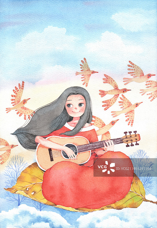 超爱的绝美水彩插画 坐在树叶上弹吉他的女孩图片素材