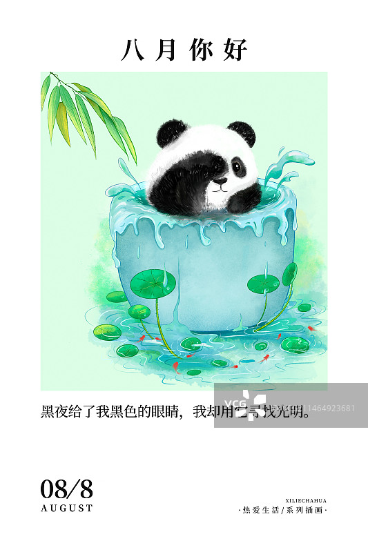 中国风成都熊猫系列台历海报模版 八月你好-泡在水桶里洗澡的大熊猫图片素材