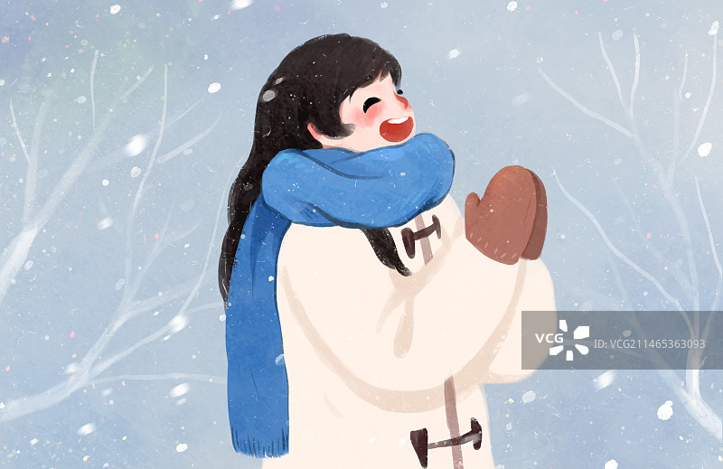 冬天节气插画下雪了开心的女孩合并版横版图片素材