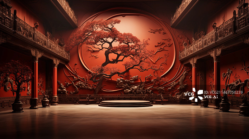 【AI数字艺术】红色室内中国风格设计建筑图片素材