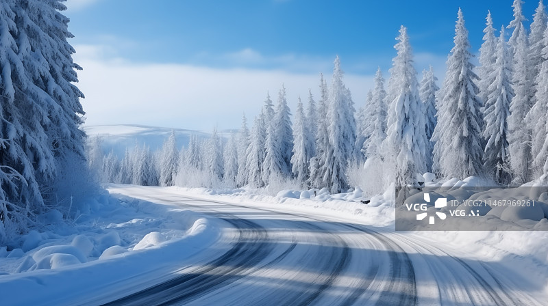 【AI数字艺术】冬季汽车广告背景图，雪地上的树木，冬天森林里的道路图片素材